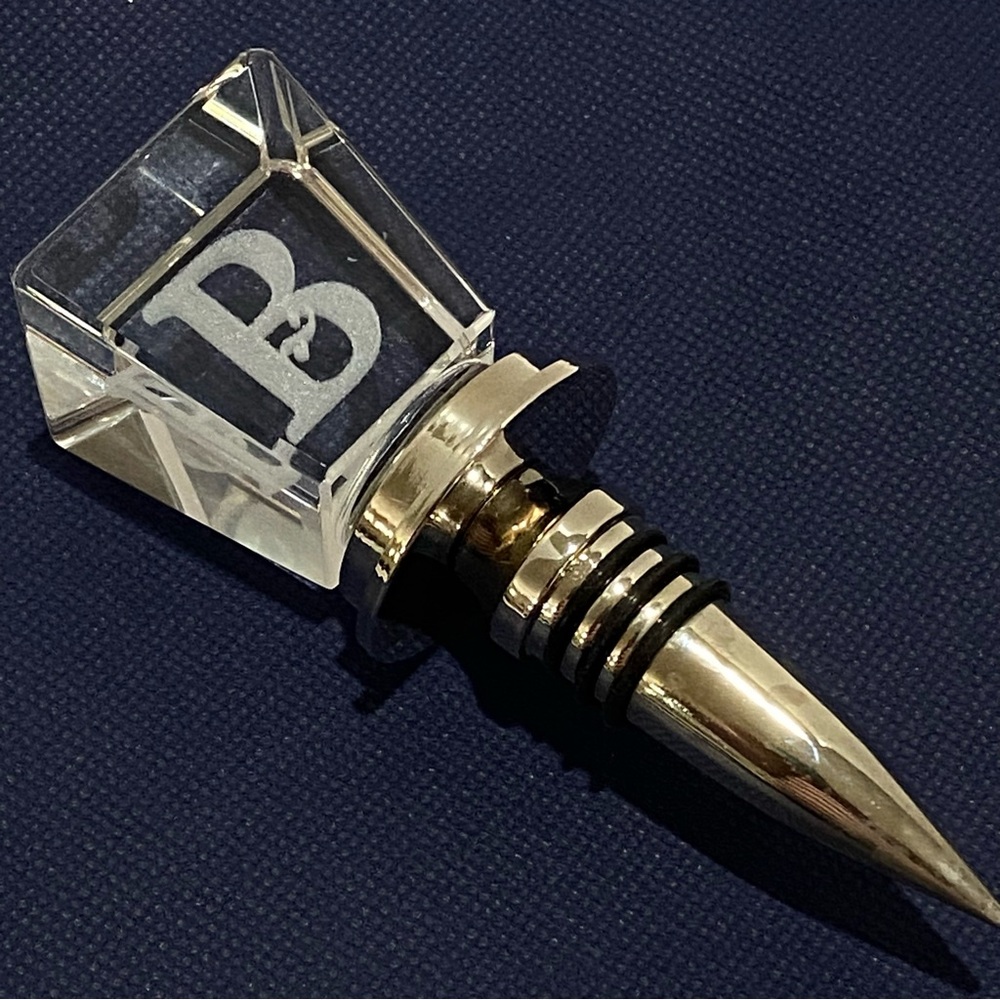 Faceted Glass Wine Bottle Stopper Silver Tone Monogram B Letter Barware Gift